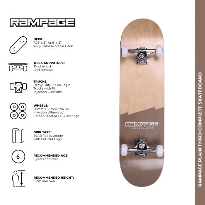 Rampage skateboard 8" Rampage Plain Third Complete Skateboard - Natural